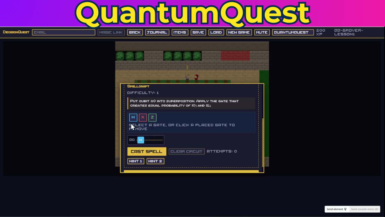 QuantumQuest gameplay — building a quantum circuit